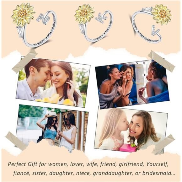 Fidget Rings for Anxiety for Women Sunflower Initial Letter Spinner Ring - Picture 6 of 7